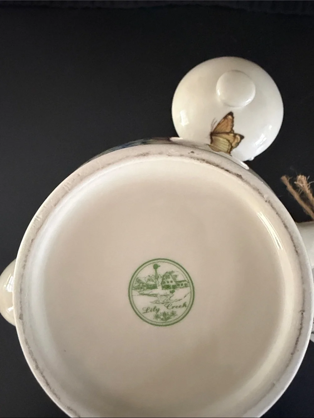 Lily Creek, Martha Vaughn, Cream Floral Vintage Teapot with Butterfly Accent